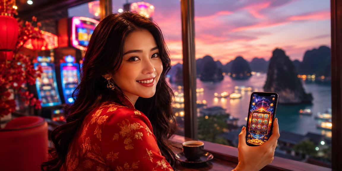 Người dùng tại vịnh Hạ Long trải nghiệm casino trên điện thoại bên ly cà phê buổi sáng
